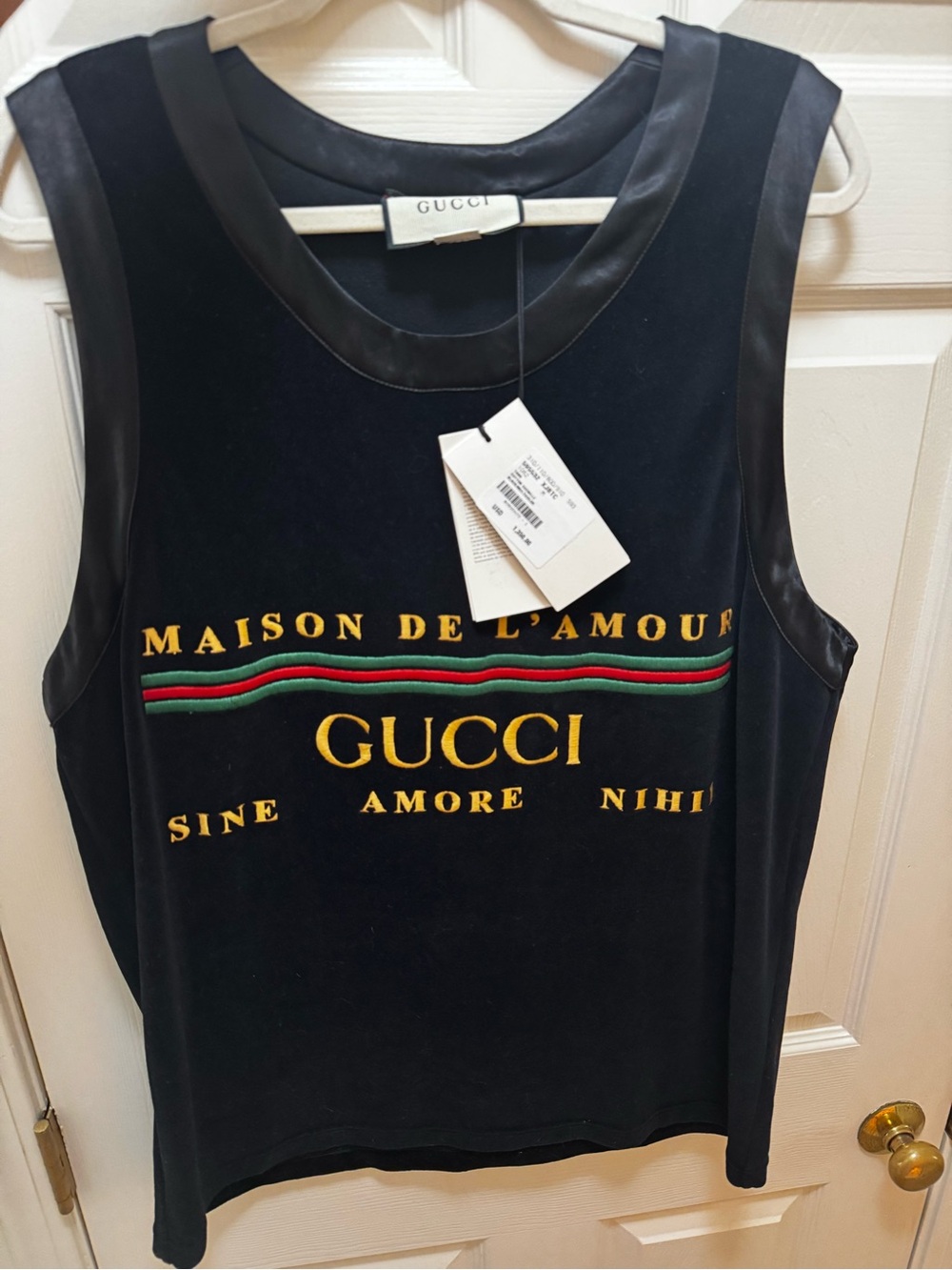 Gucci Black Sleeveless 'Maison de l'Amour' Logo Tank with Red & Green Stripe